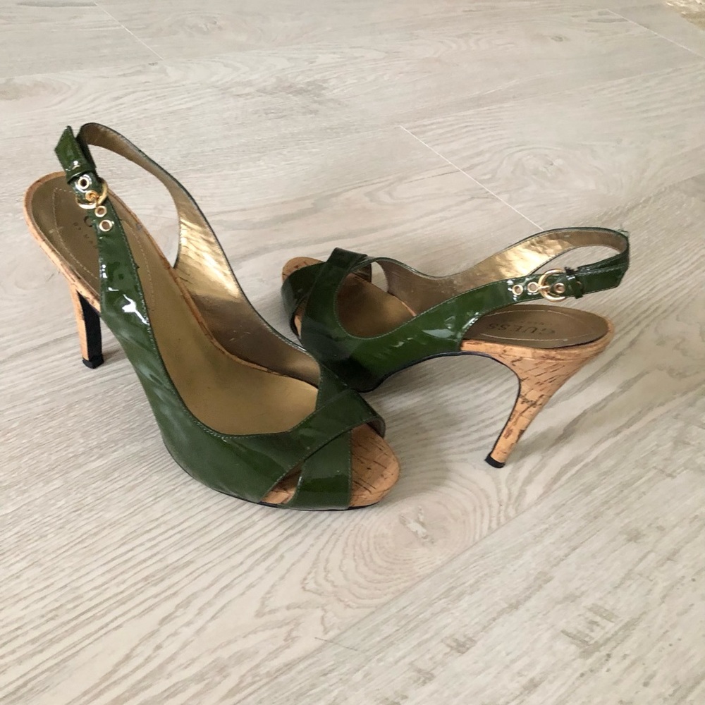 Guess by Marciano Green Leather High Heel Slingback Cork Heels - Picture 4 of 16